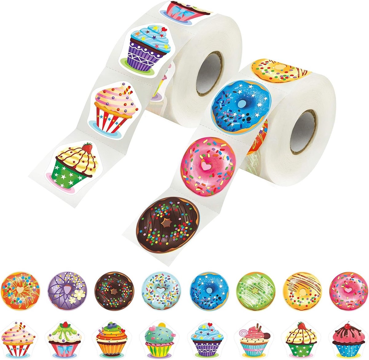 600 stuks cupcake en donut feestdecoratie stickers voor leraren, stimulatie en motivatie, 16 ontwerpen met perforatielijn (elk 3,8 cm in diameter)