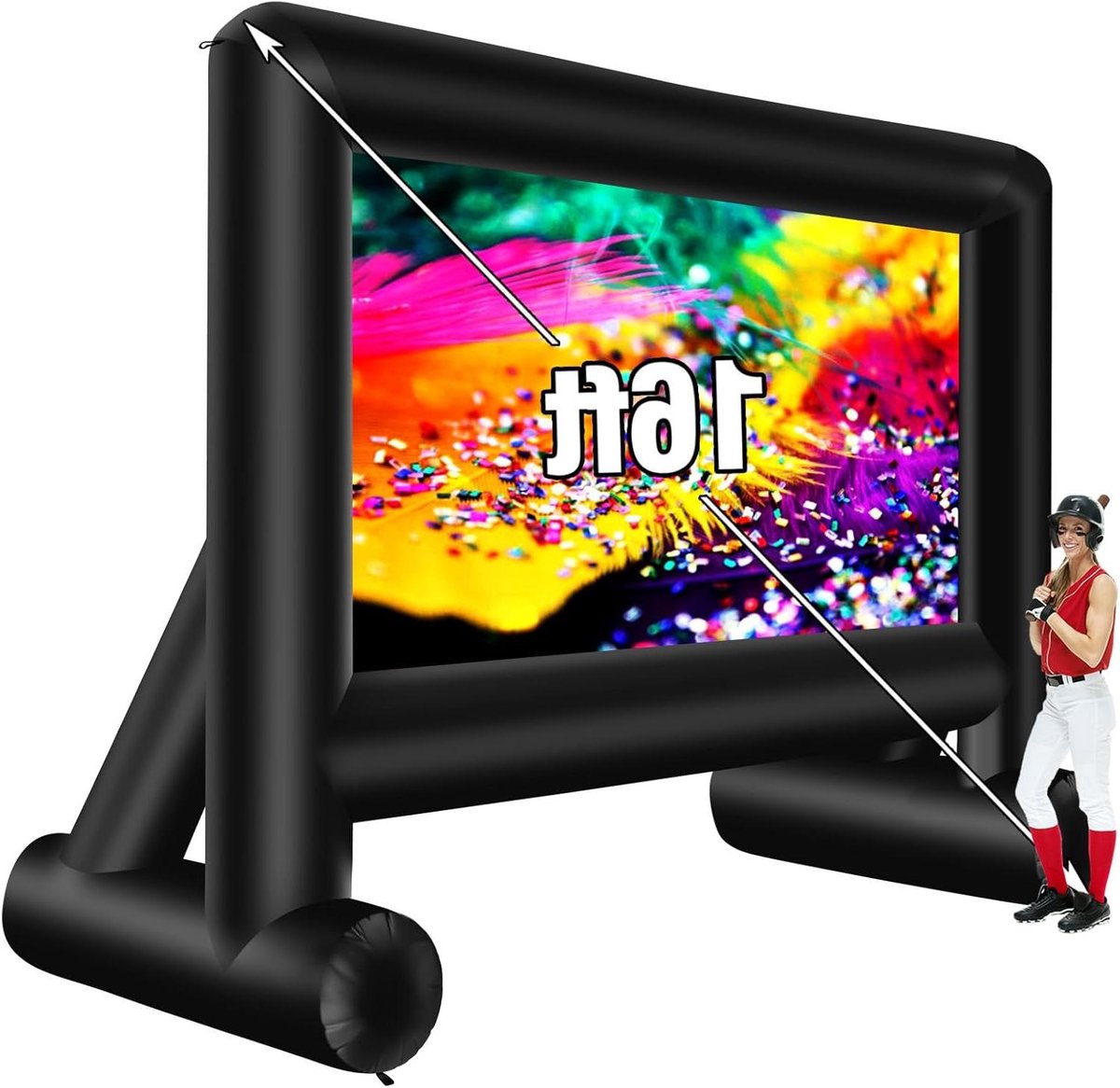 Opblaasbaar filmscherm van 16 voet voor buiten, opblaasbaar projectiescherm met blazer draagtas - Ondersteunt projectiescherm voor en achterprojectie, voor achtertuin, film, nachtzwembad,