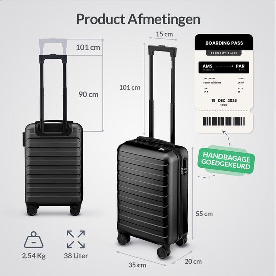 NOHRD Handbagage Koffer - 38 L - Zwart - Reiskoffer - 55x35x20 cm - Trolley - Lichtgewicht - Incl. Slot