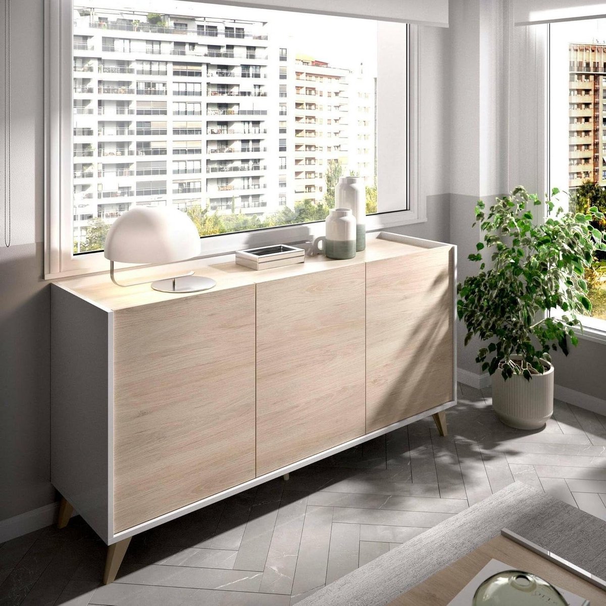 Dressoir - Buffet Kast - Opbergen Woonkamer - 3 Deuren Zonder Handgrepen - 155x43x75 cm - Eiken Wit