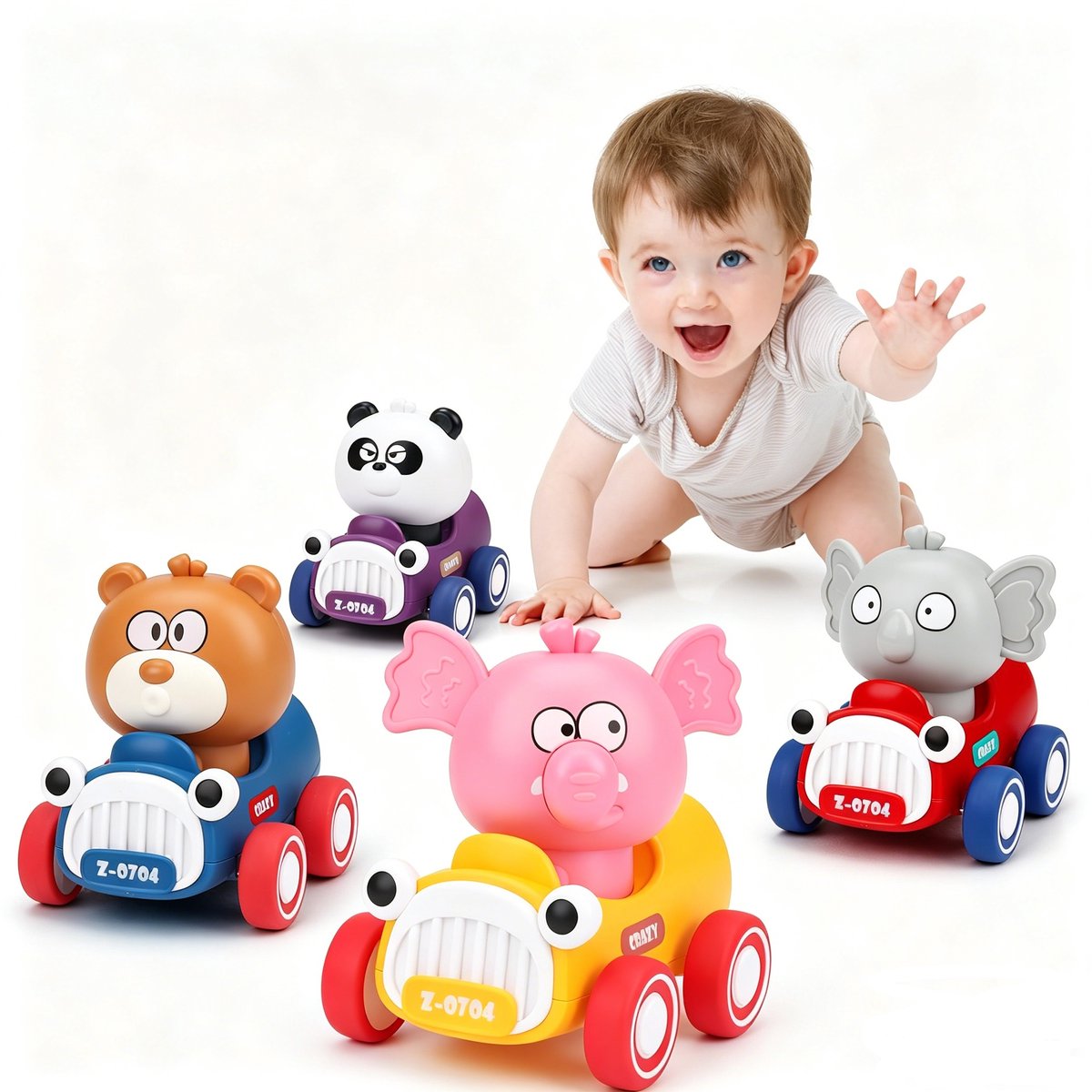 Duwauto, geschikt voor peuters van 1-3 jaar - Raceauto met dierenprint - Speelauto met cartoonfiguren - Draaibare auto, een leuk cadeau voor jongens en meisjes - Verjaardags-/paascadeau voor jongens en meisjes van 1 jaar