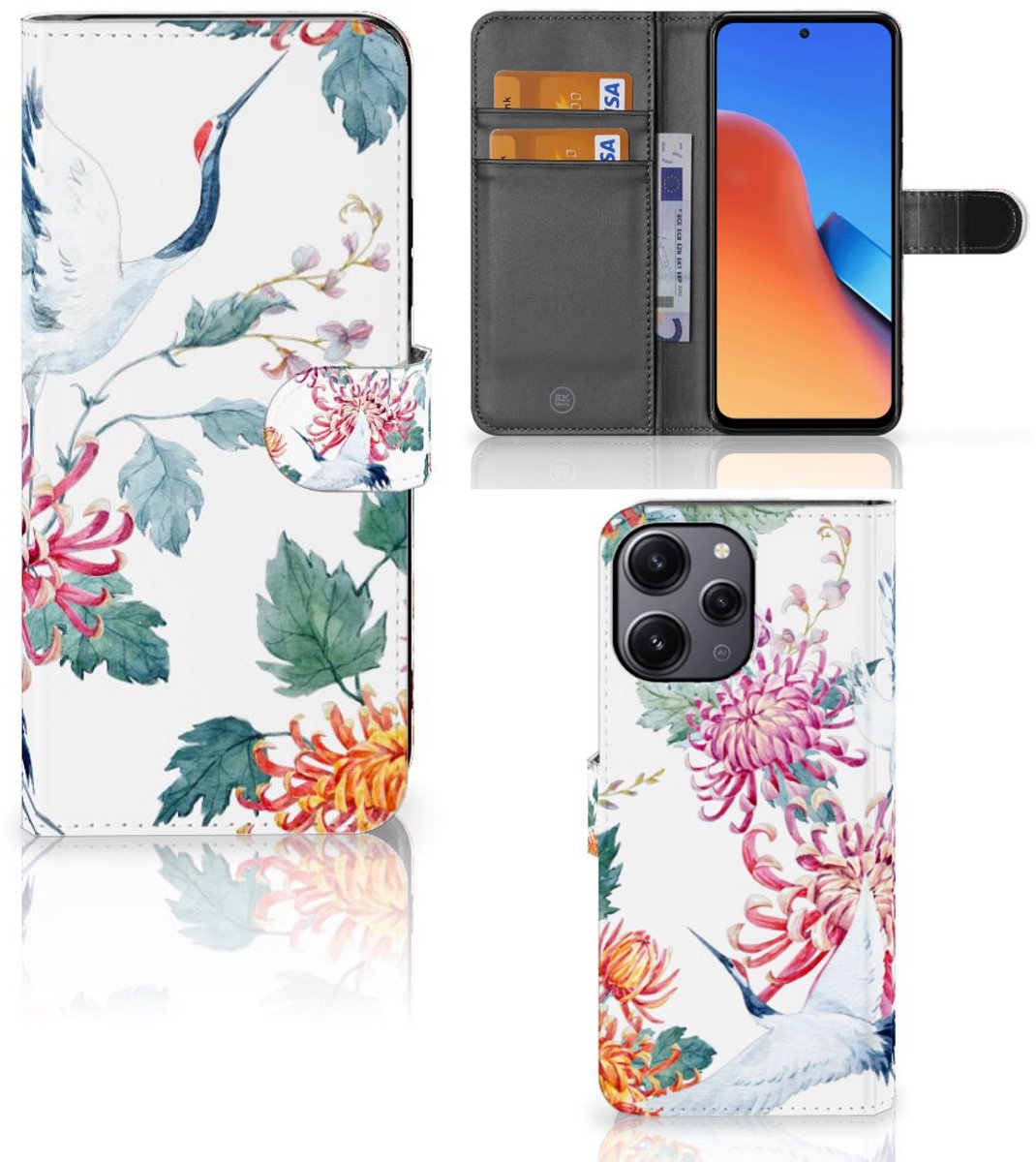 Xiaomi Redmi 12 Telefoonhoesje met Pasjes Bird Flowers