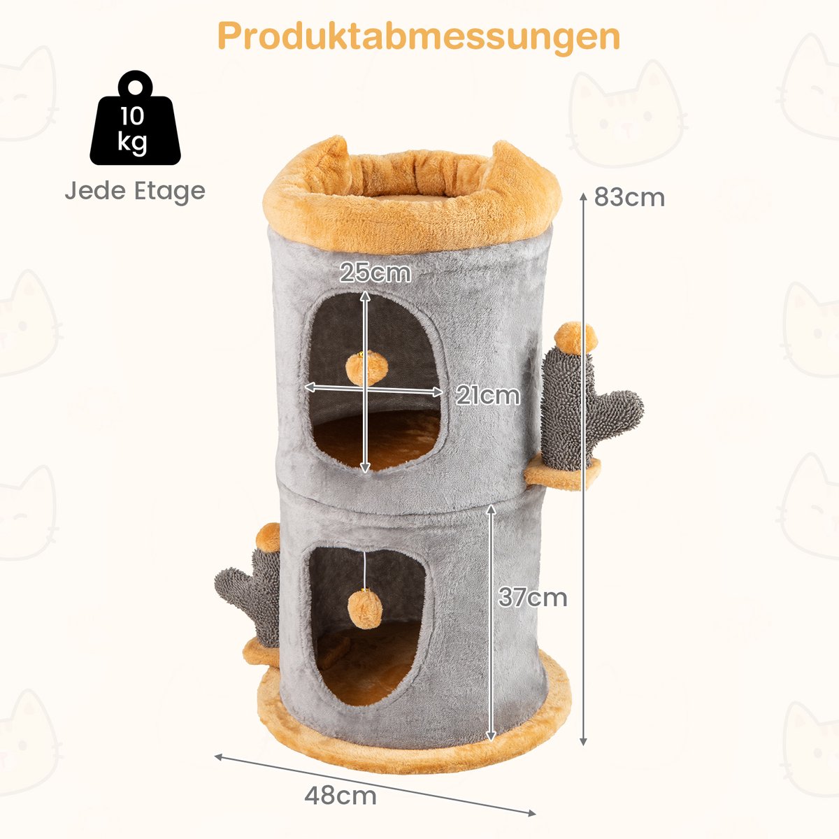 COSTWAY Krabton kattenton, speelton met 2 kattenholletjes, apart design, kattenbed, 2 ballen en palen, kattenhuis voor katten, Ø48 x 83 cm, kattenkrabpaal, kattenboom, grijs – foto 4