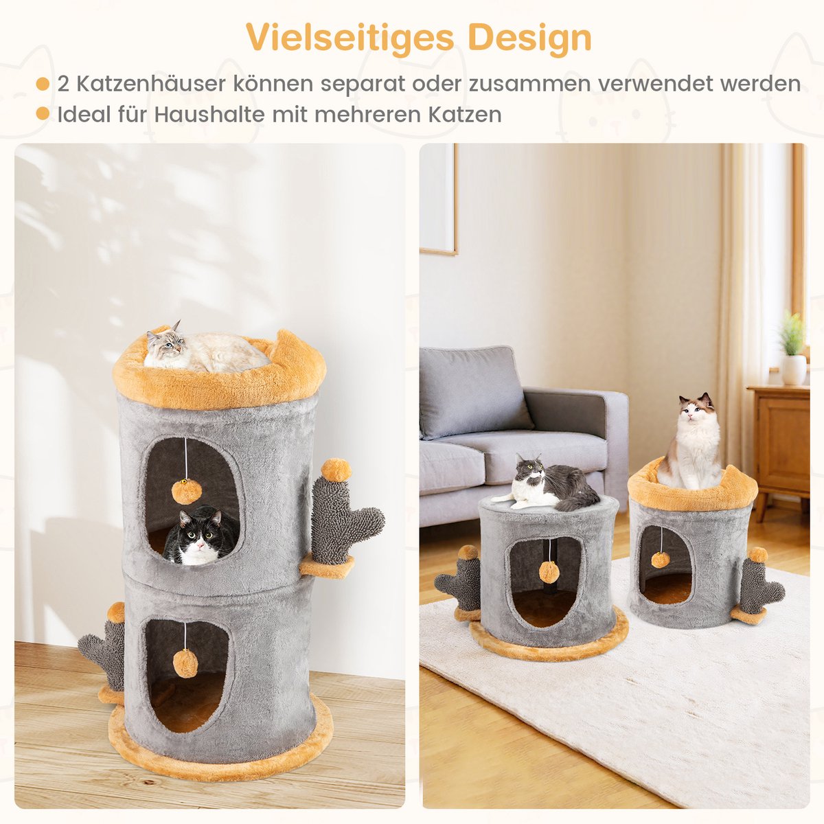 COSTWAY Krabton kattenton, speelton met 2 kattenholletjes, apart design, kattenbed, 2 ballen en palen, kattenhuis voor katten, Ø48 x 83 cm, kattenkrabpaal, kattenboom, grijs – foto 8