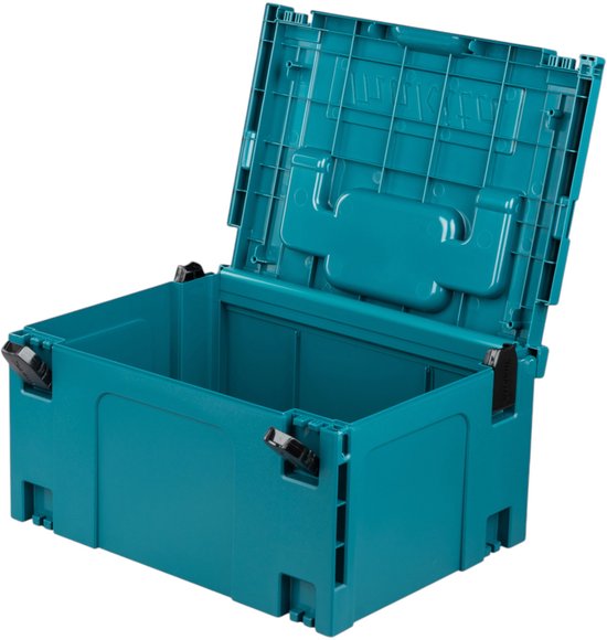 Open turquoise Makita MAKPAC koffer maat 3 met zwarte sluitingen en wit logo.