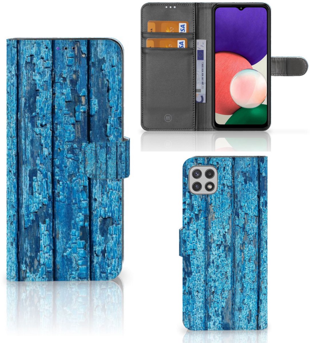 Samsung Galaxy A22 5G Book Style Case Wood Blue
