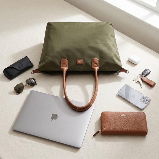 Olijfgroene tas met bruine handvatten, omringd door accessoires zoals laptop, zonnebril, portemonnee en sleutels.