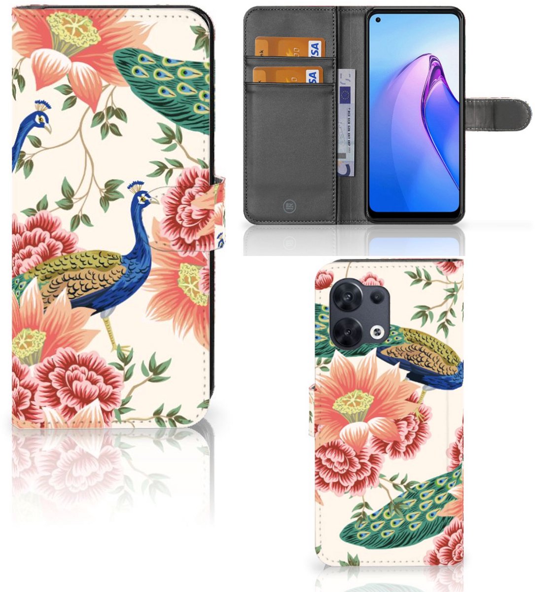 Telefoonhoesje met Pasjes voor OPPO Reno8 Pink Peacock