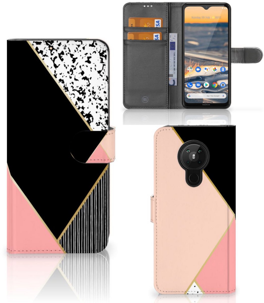 Nokia 5.3 Book Case Zwart Roze Vormen