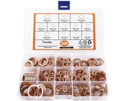 Toolly Koperen sluitringen assortiment, 300 stuks, 12 maten, koperen afdichtingsringen, set, platte sluitringen, assortimentsset