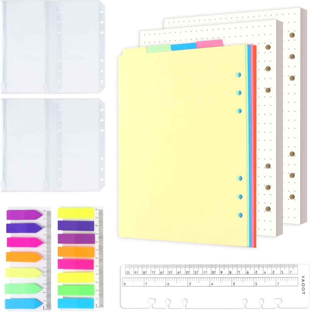 Vullend A5 Notitiepapier Set met 6 Gaten, Dotted Bladen, 5 Gekleurde Tabs en 4 Enveloppen, Inclusief Liniaal voor Organisatie en Notities