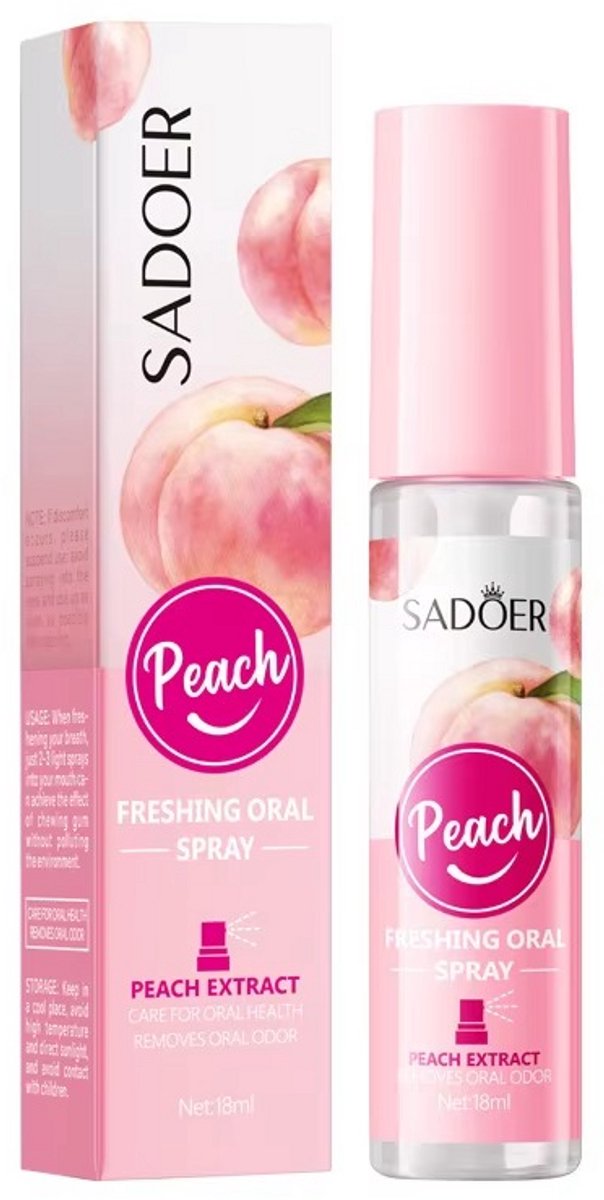 SADOER Mondspray Perzik | Ademverfrisser Spray | Slechte Adem Verwijderen | Mondspray Alcoholvrij | Breath Freshener Spray | Halitosis Spray | Frisse Adem Spray | Mondverzorging | Reisformaat 18ml | Direct Fris Gevoel | Anti Bacterieel