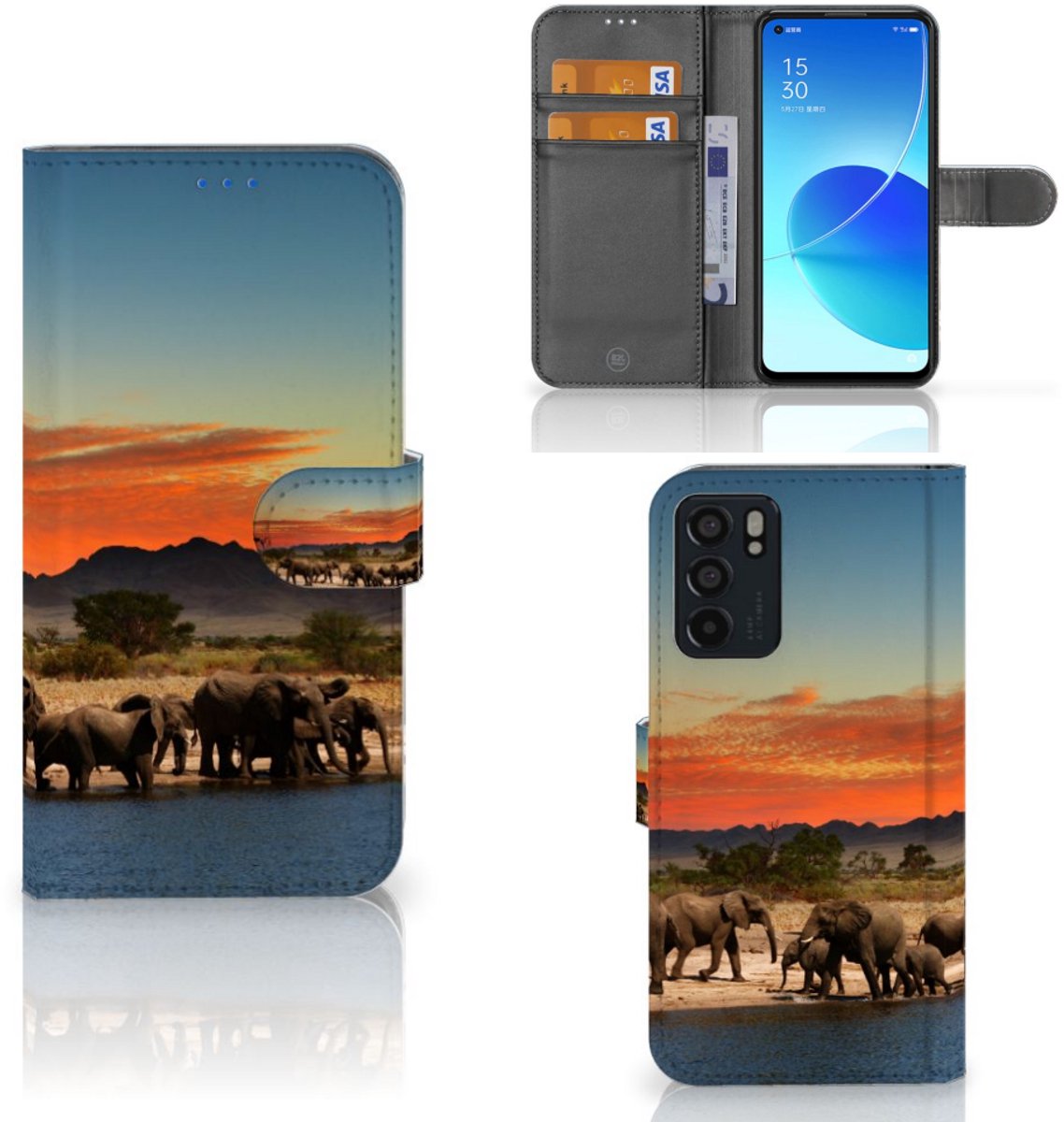 OPPO Reno6 5G Telefoonhoesje met Pasjes Olifanten