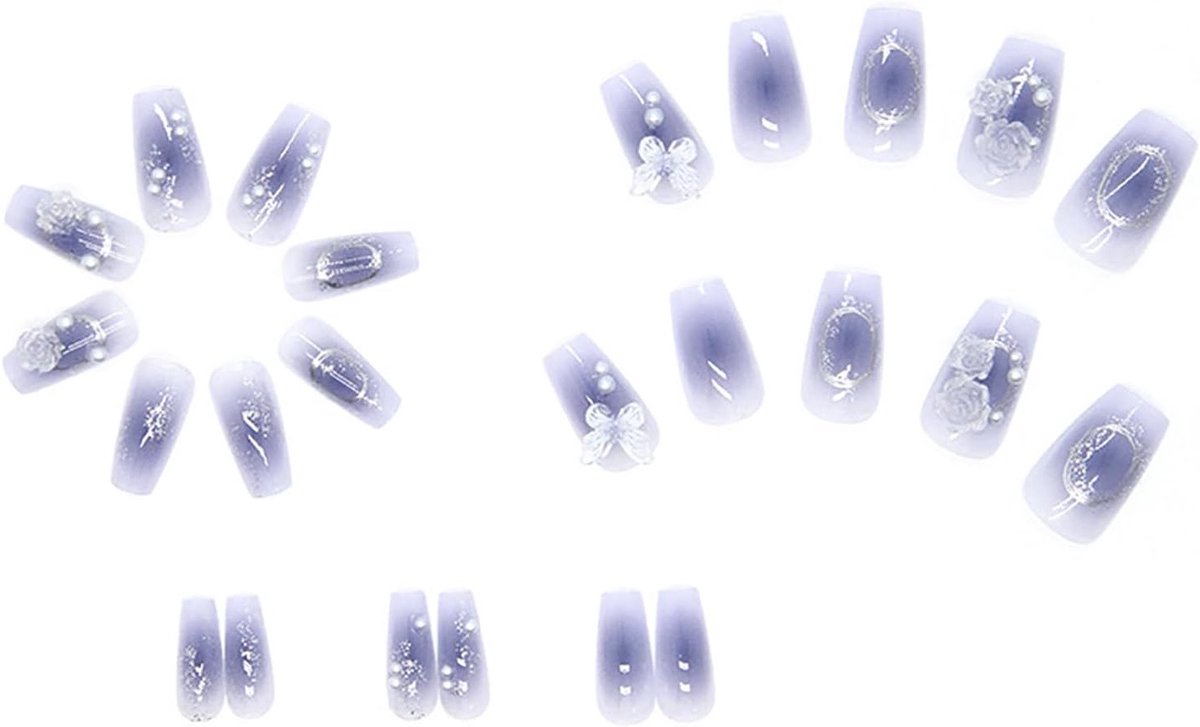 Set van 24 kunstnagels met korte amandelvorm in Franse manicure, 3D blauwe vlinder, zachte gel en nageltips voor een perfecte look
