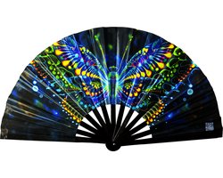 XXL festival waaier - Handwaaier - Spaanse waaier - Glow in the Dark - UV / Blacklight - Glowing effect - 62 x 32 cm - Bamboe - Butterfly