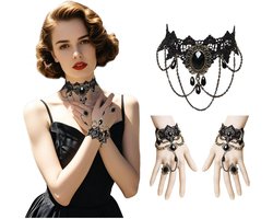 Gothic Steampunk Accessory Set Black Women's Lace Steampunk Gothic Accessories Vintage Lace Bracelet for Halloween Masquerade Easter Carnival Outfit