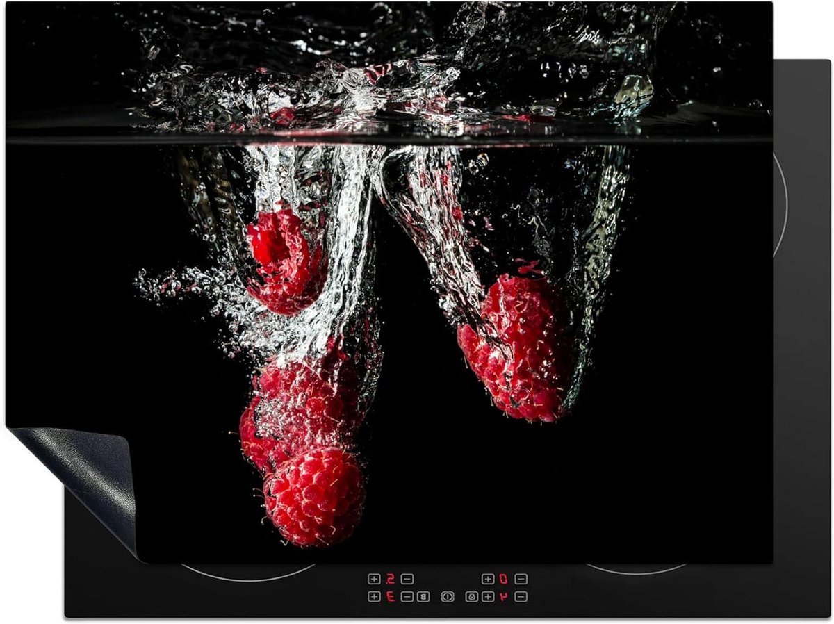 Inductie Beschermer 70x52 cm Keuken Decoratie Kookplaat Beschermer voor Inductiekookplaat Afdekplaat Anti Slip Mat - Frambozen - Fruit - Stilleven - Water - Zwart - Rood