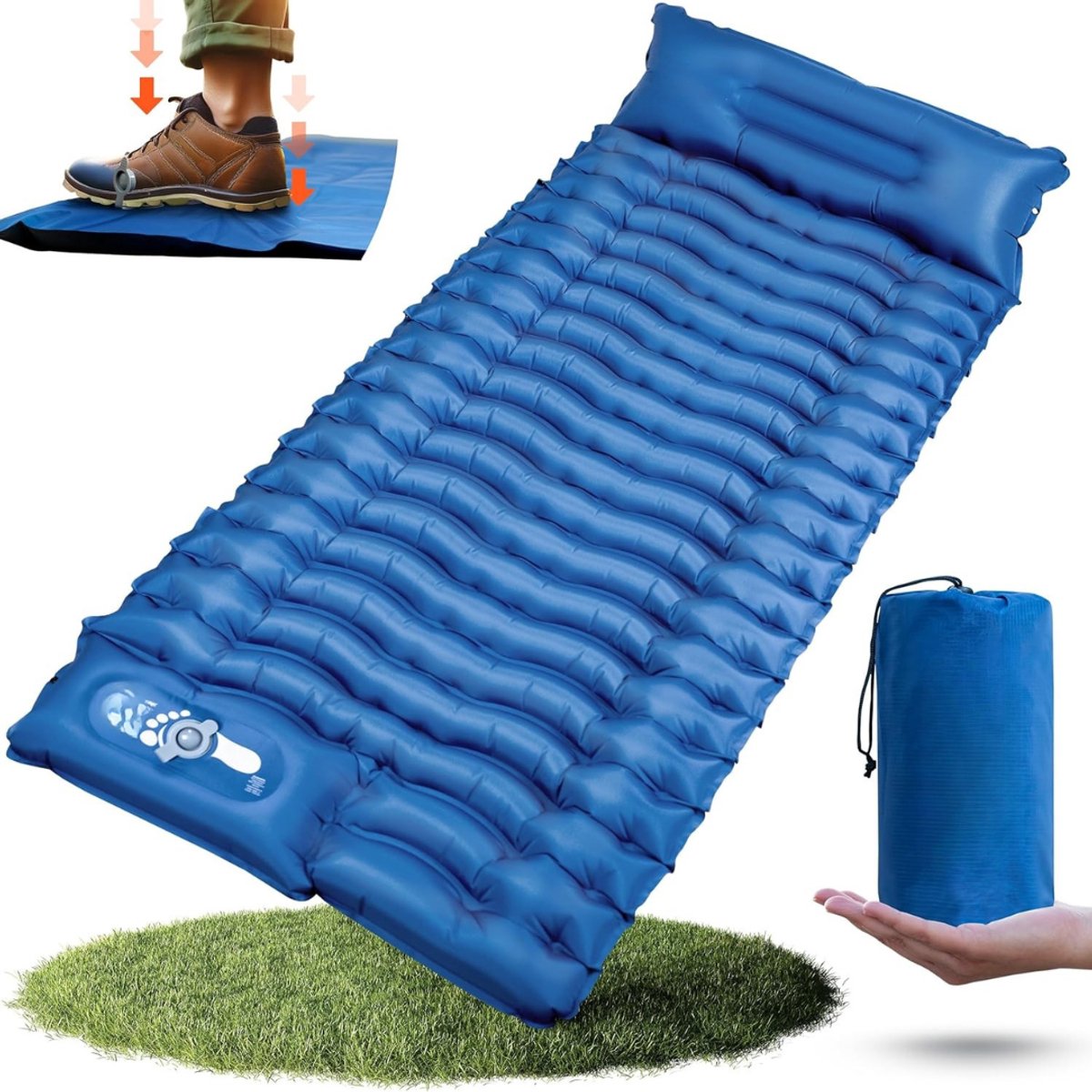 Camping Matras met Voetpomp en Kussen - Opvouwbaar Matras - Vouwmatras - Camping Matje - Slaapmat - Logeer Matras - Luchtmatras - Kampeer Matras - Camping Bedje - Nylon/TPU - Tot 100 kg - 190 x 66 x 10 cm - Blauw - van Imperatoris