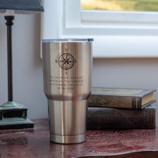 Reis Koffiemok - Drinkbeker RVS - Onderweg Dranken Meenemen - Inspirerende Tekst Kompas - 30 Ounces - Zilver — afbeelding 2