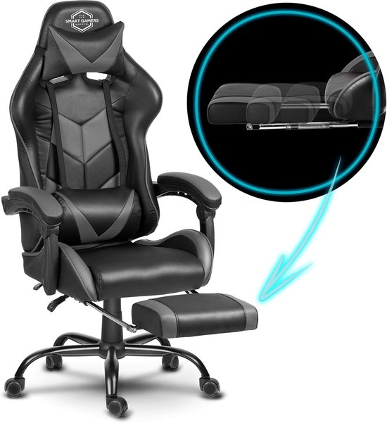 Gaming Stoel - Racestoel Kantoorstoel - Comfortabel Zitten - Verstelbare Voetensteun - Standaard - Zwart Grijs — afbeelding 3