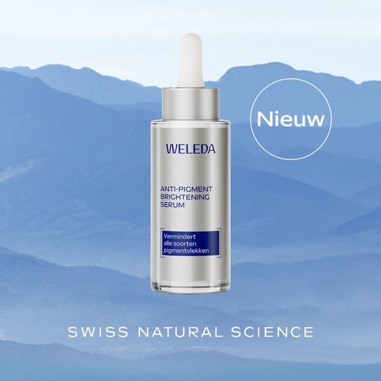 Weleda Anti-Pigment Brightening Serum in zilveren fles met druppelaar, met tekst 'Nieuw' en bergen op achtergrond.