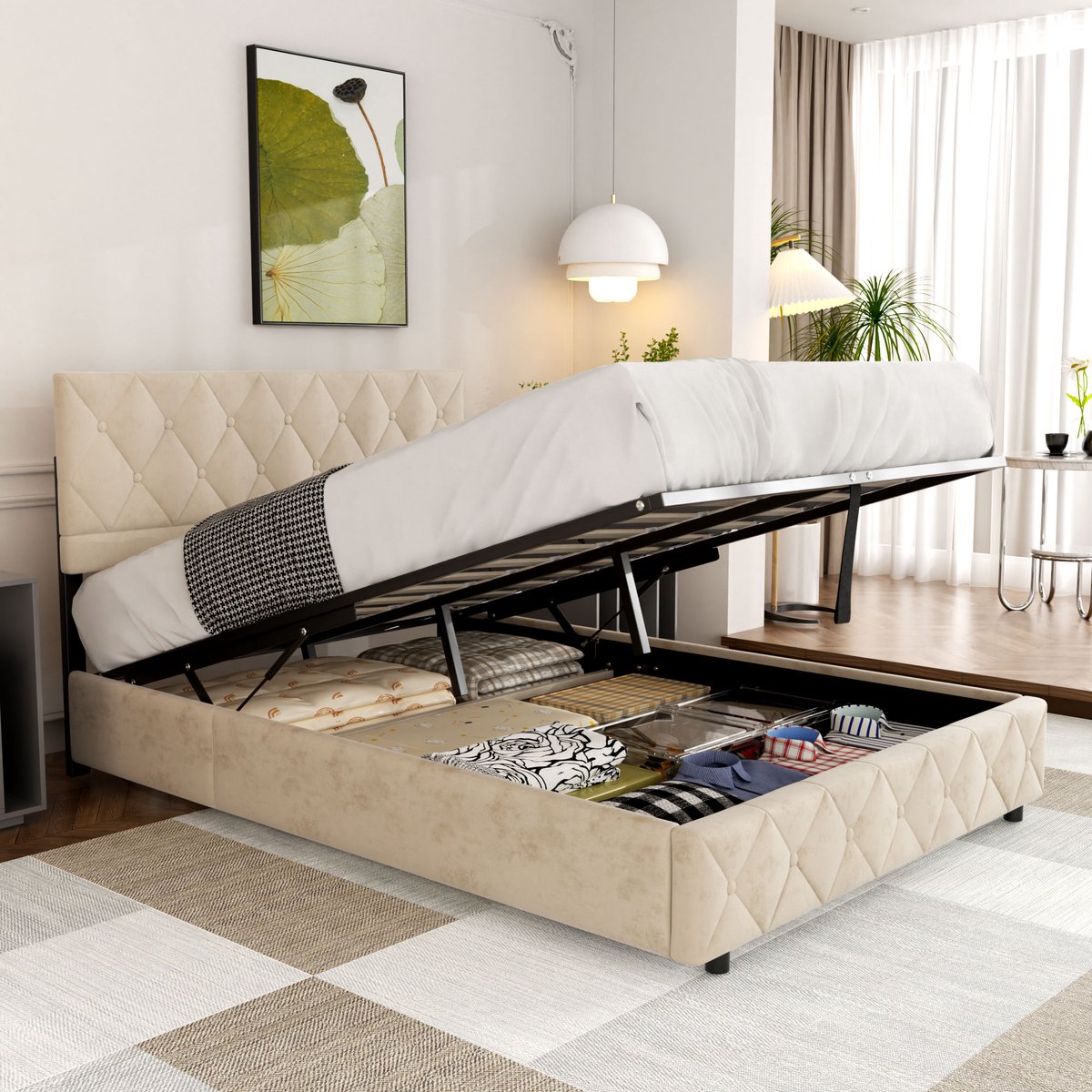 REDOM Opbergbed 140x200 cm – Hydraulisch Tweepersoonsbed met Opbergruimte – Gestoffeerd Velvet Bed met Ruitpatroon – Beige