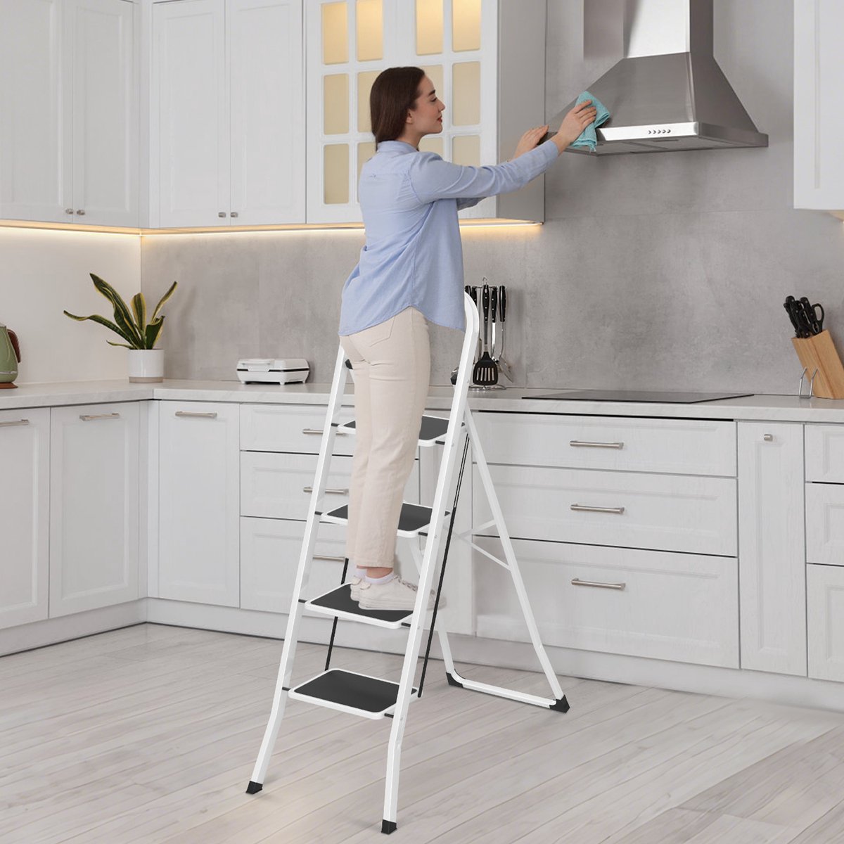 Froadp 4-treden metalen ladder, klapladder, opstapje, antislip trapladder, multifunctionele ladder, opklapbare trap, opstapladder, sta-ladder tot 150 kg, zwart-wit – foto 6
