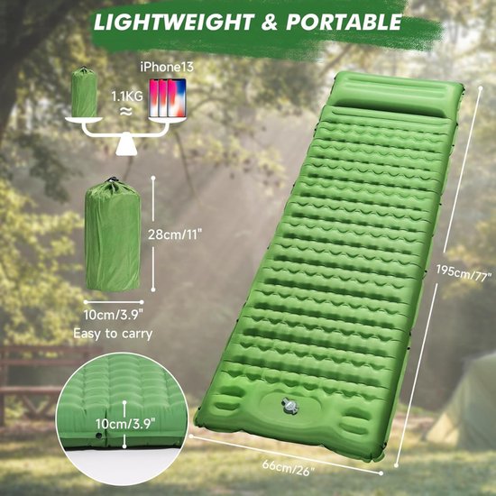 Camping Matras met Ingebouwd Kussen - Opvouwbaar Matras - Vouwmatras - Camping Matje - Slaapmat - Logeer Matras - Luchtmatras - Kampeer Matras - Camping Bedje - TPU - 12 cm - Groente - van Imperatoris van Camping — afbeelding 3
