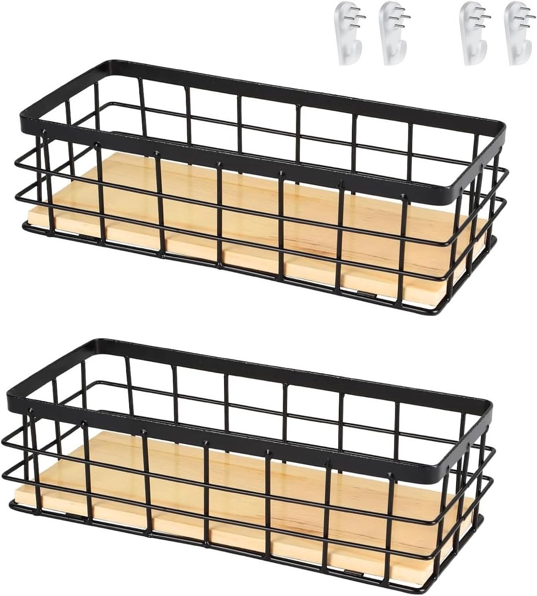 Decoratieve metalen manden voor wandopslag - Zwarte opbergmanden met houten basis voor fruit en snacks in keuken en badkamer (2 stuks)