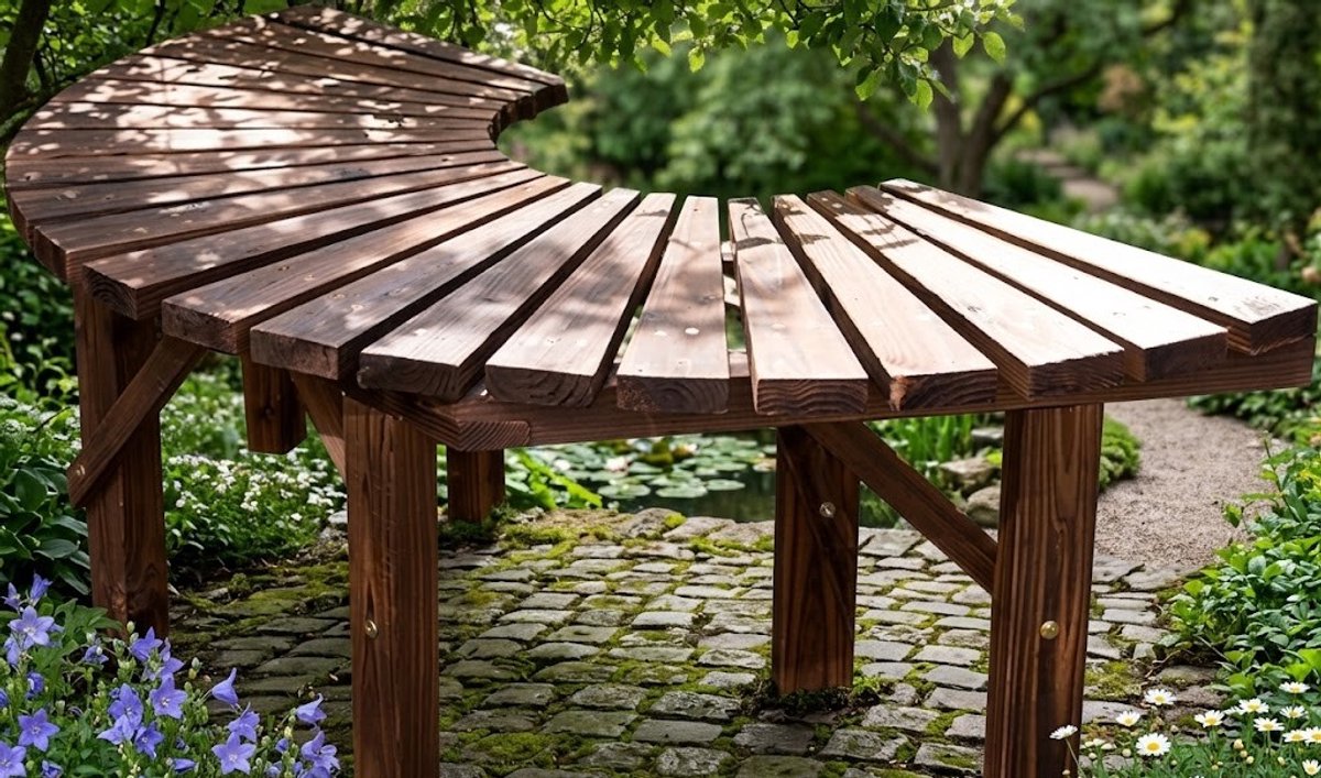 Luxe Halfronde Tuinbank van Gecarboniseerd Hout 150 cm – Weerbestendige Rustieke Boomring Bank met Kussens en 500 kg Draagvermogen voor Tuin & Terras