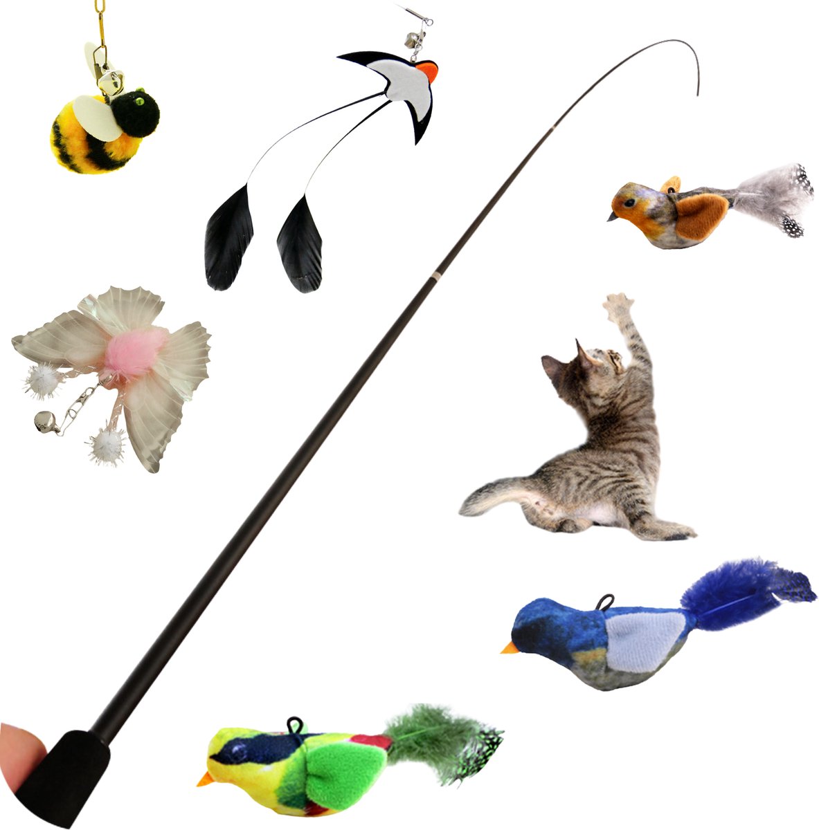 EcoPawPaw Carbon fiber kattenhengel 180 cm uitschuifbaar met 6 speeltjes – interactief kattenspeelgoed met veren en kattenkruid