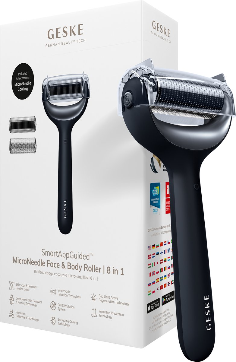 GESKE | SmartAppGuided™ MicroNeedle Face & Body Roller | 8 in 1 | Elektrische dermaroller | Microneedling | Microneedling-apparaat | Naaldrol | Naaldroller | Schoonheidsroller voor gezicht en lichaam