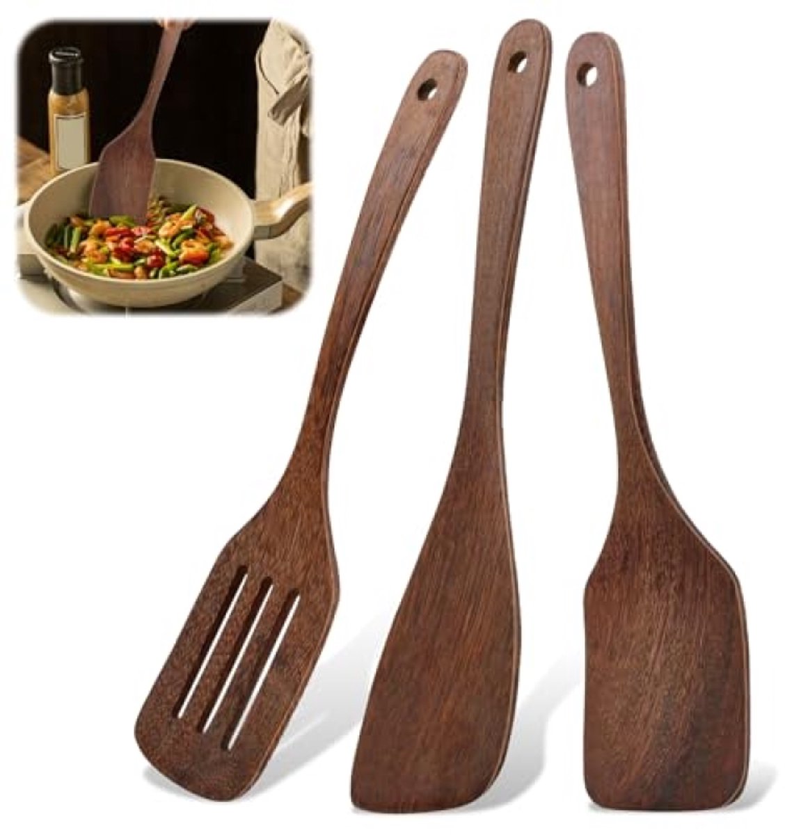 Houten Kookspatels - Set van 3 - Lange Handgreep en Antiaanbaklaag