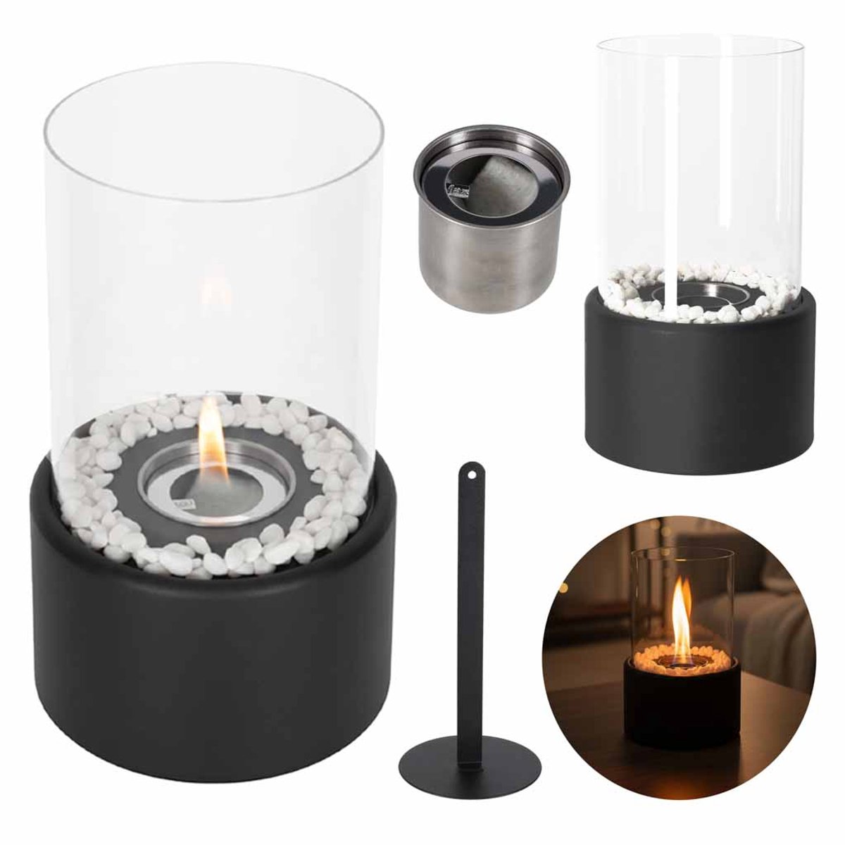 MOZY® - Tafelhaard - Rond - Zwart - Binnen & Buiten - met Accessoires - 35 x 18 x 15 cm - Bio-ethanol - Sfeerhaard - Tuinhaard - Verwarming - Kachel - Luchtverwarmer