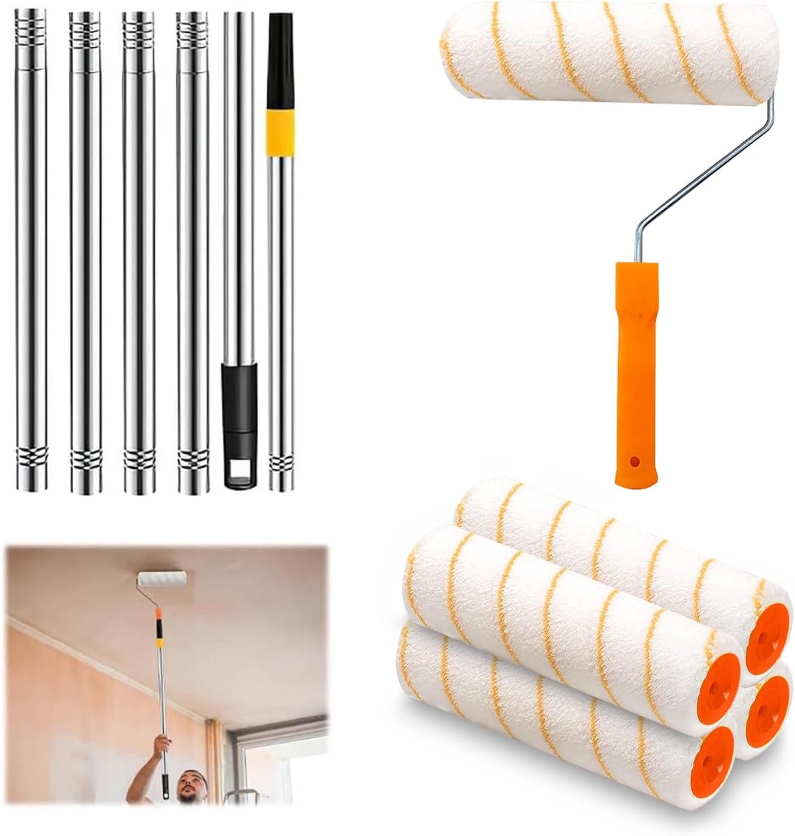 Verstelbare verfroller met telescopische steel - verfroller set met 4 verfrollers - schilderset voor muren 30-180 cm