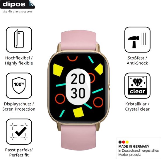 Gouden smartwatch met roze band en beschermhoesjes met iconen: flexibel, anti-shock, 100% bescherming, kristalhelder en perfecte pasvorm.