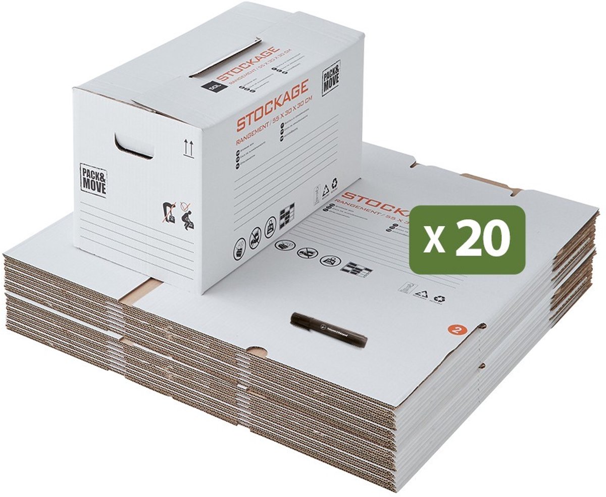 Pack and Move - Set 20 opbergdozen - 58 x 40 x 30 cm - Versterkte handgrepen - 1 marker gratis