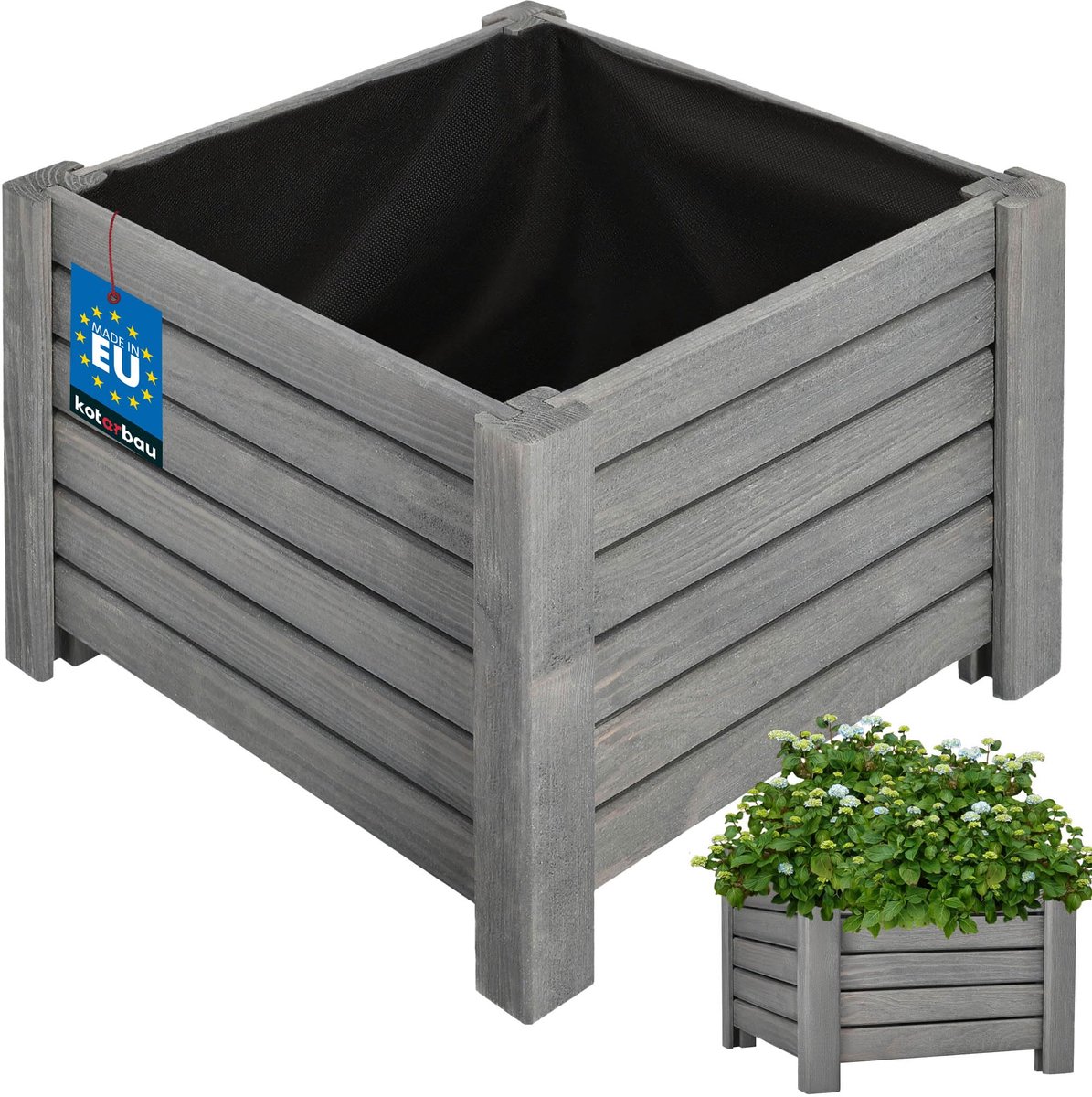 KOTARBAU® Houten Plantenbak, Kiefernhout, 38 x 38 x 30 cm, Antraciet, Houten Bloembak, Plantenbak voor Buiten, met Vlies, voor Tuin, Terras, Balkon