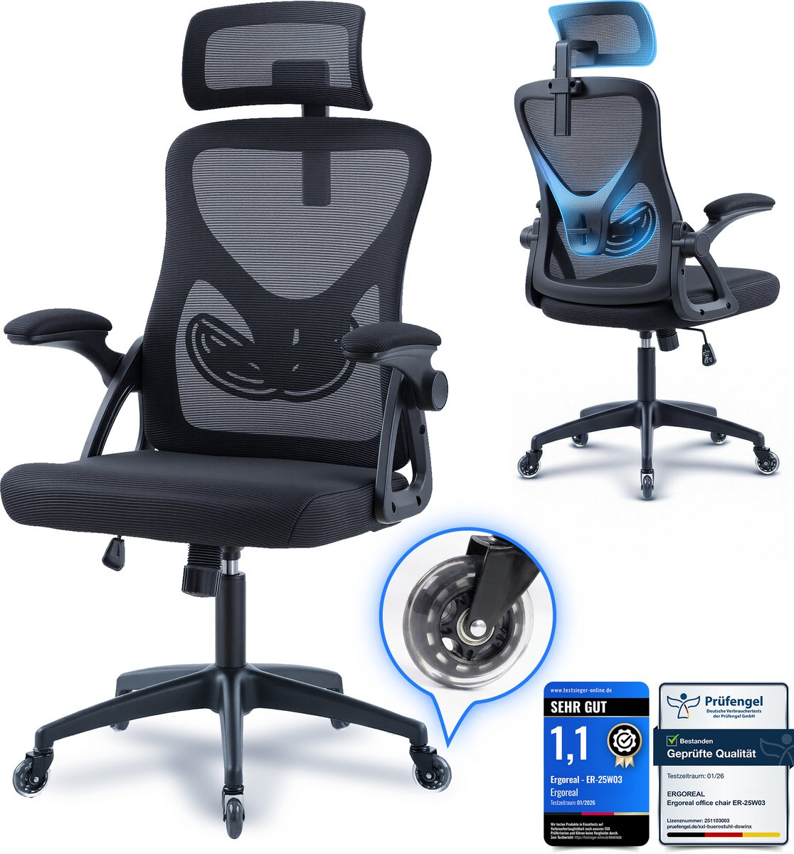 Ergonomische Bureaustoel - Office Chair - Bureaustoelen voor Volwassenen - Opklapbare armleuningen-Lendensteun - Gamestoel - Gamingsstoel - Zwart