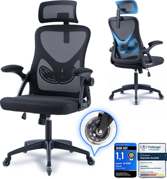 Ergonomische Bureaustoel - Office Chair - Bureaustoelen voor Volwassenen - Opklapbare armleuningen-Lendensteun - Gamestoel - Gamingsstoel - Zwart