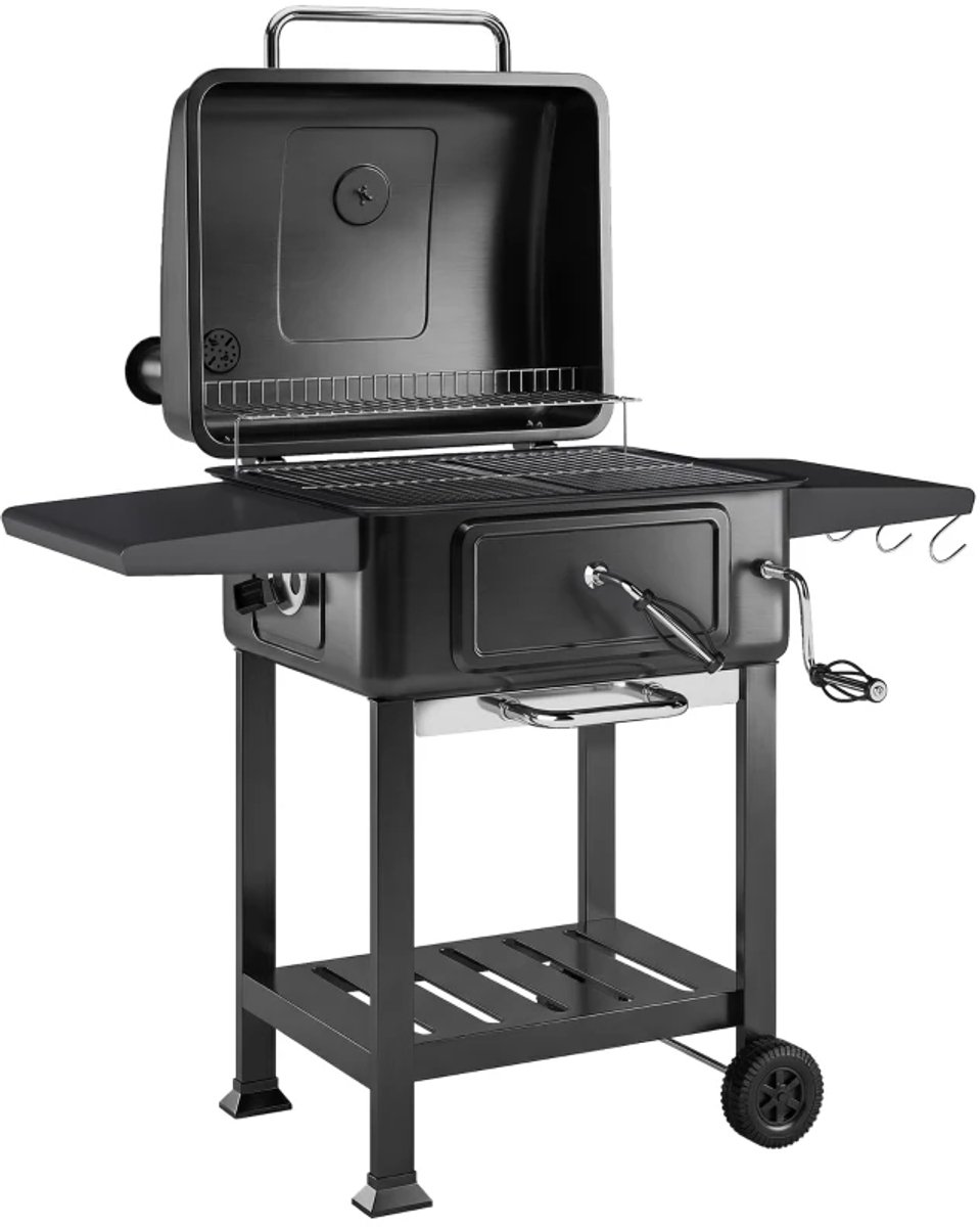 Premie Houtskool Barbecue - Smoker Barbecue - Barbecuegrill - Grillwagen - Houtskoolgrill - Houtskoolgrill met Deksel, Thermometer, Handvat & Bijzettafel - BBQ voor buiten, tuin - Zwart