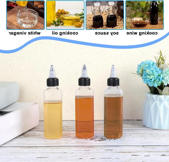 Dailygoods- Knijpflessen 4 stuks - Kleine Dispenserflessen - Lekvrije Flessen - Voor Vloeibare Specerijen - Kunststof - 100 ml - 14x3,5x3,5 cm - Dispenserfles van Dailygoods — afbeelding 2