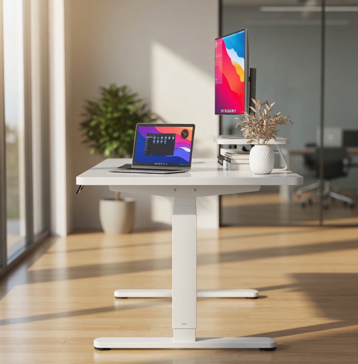 In hoogte verstelbaar bureau met monitorstandaard, elektrisch bureau, sta-zits, staand bureau, 140 x 60 cm, wit-Mobili Bella