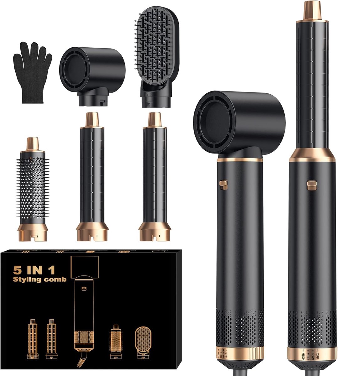 5-in-1 Föhnborstel - Upgrade Haarstyler Set Negatieve Ionen - Luchtstyler Krulborstel & Glijborstel - Cadeau voor Stijl, Krul, Droog, Glad -Zwart- 1 Set