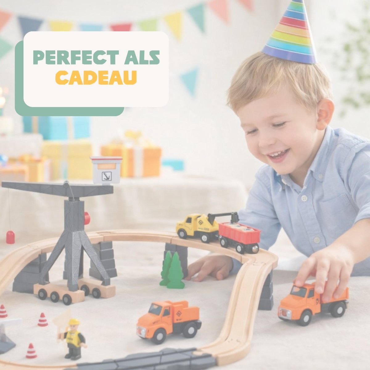 Tooky Toy Houten Treinset met Bouwplatform - FSC Hout - Geschikt voor 3+ Jaar (Peuters) - Treinbaan - Trein Set - Educatief & Montessori Speelgoed — afbeelding 3