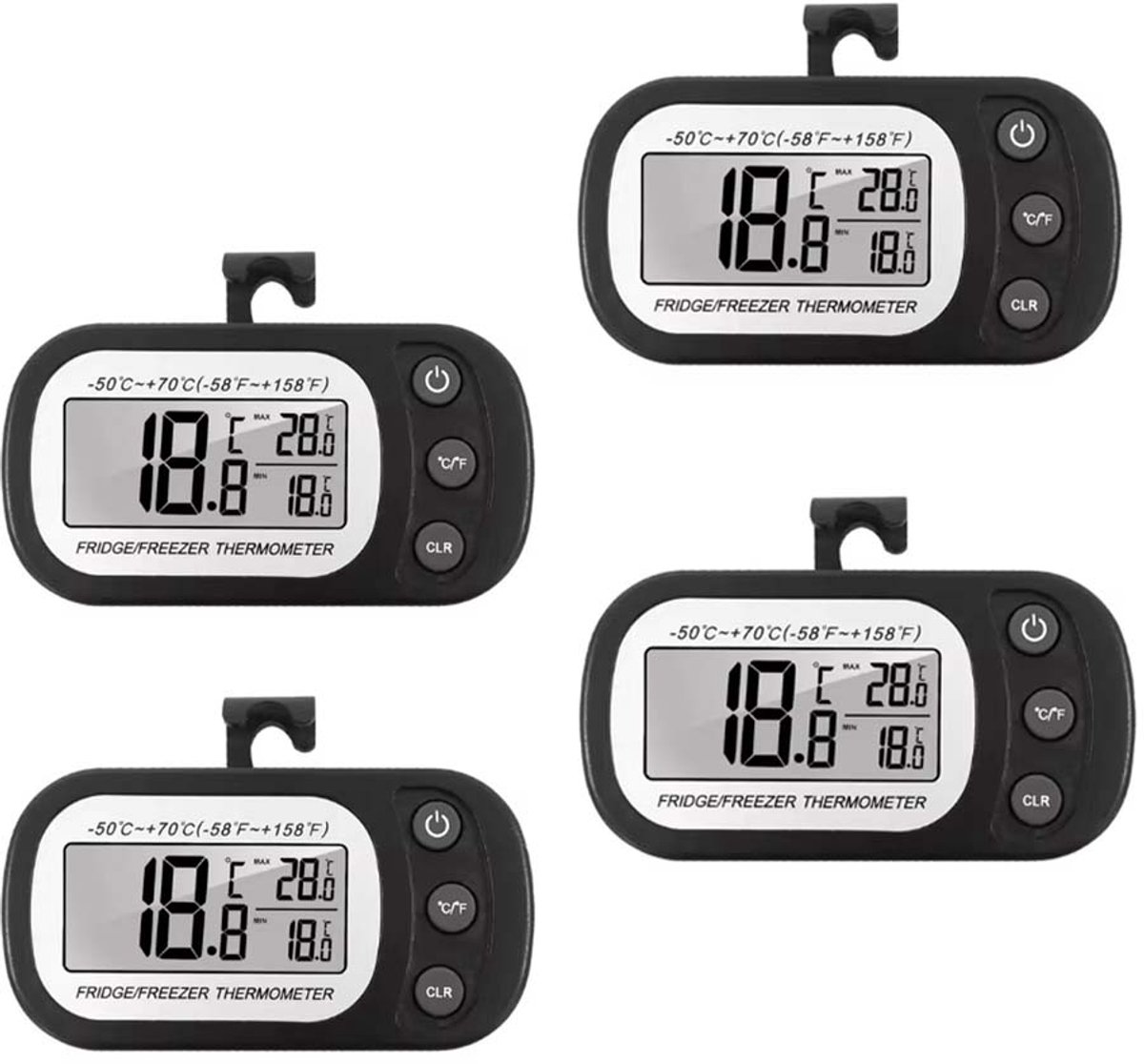 4 Stuks Digitale Koelkastthermometer – Elektronisch LCD-scherm – Vriesvakthermometer – Digitale Thermometer – Met Magneet En Haakje Aan De Achterkant, Water- En Vochtbestendig, Geschikt Voor in De Keuken En Thuis - Zwart