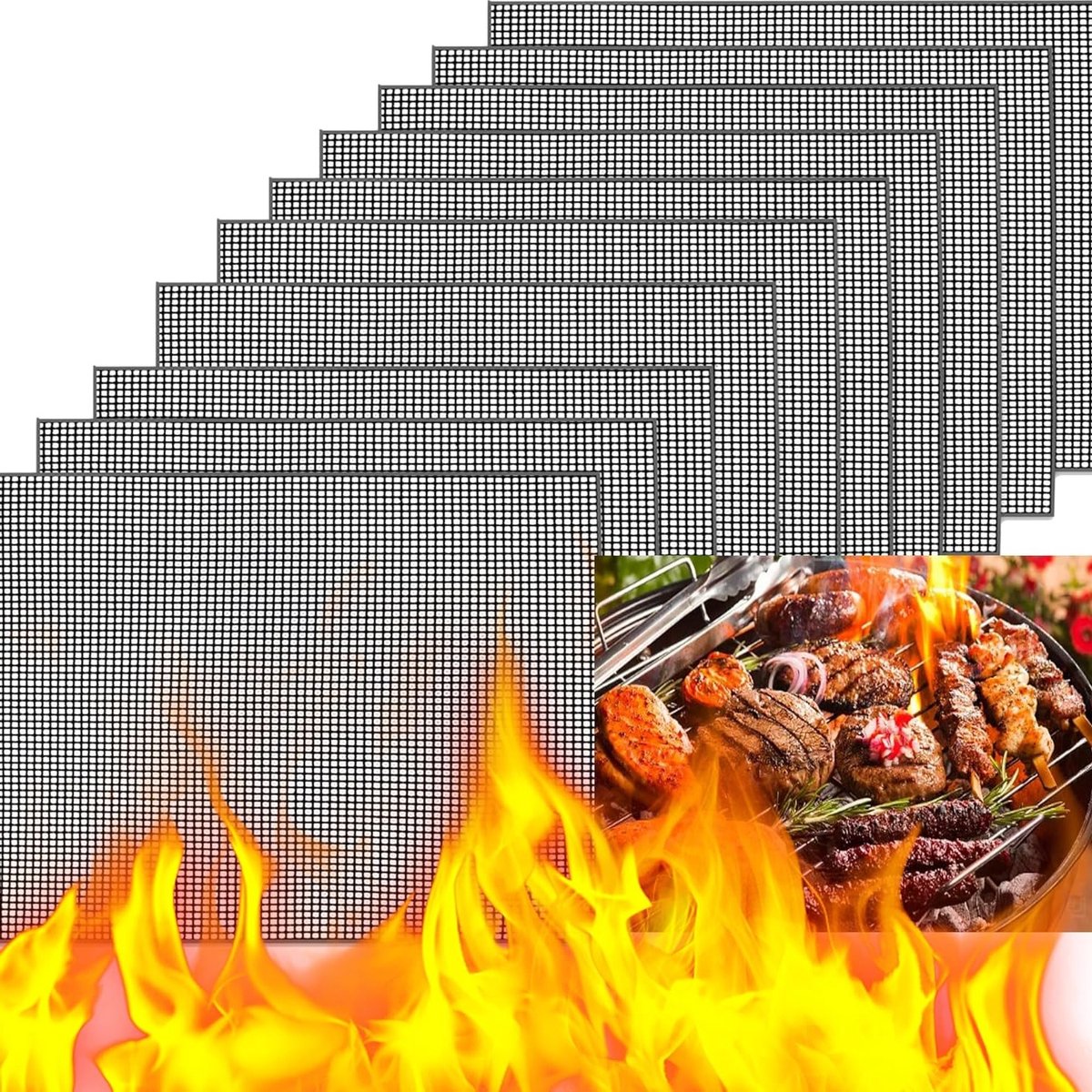 BBQ Grill Mesh Mat Set - Herbruikbaar en Niet-plakkend Grilnet - Barbecue Bakmatten voor Grillen, Koken en Bakken - Teflon Grilling Net - 10 stuks - 40x30cm
