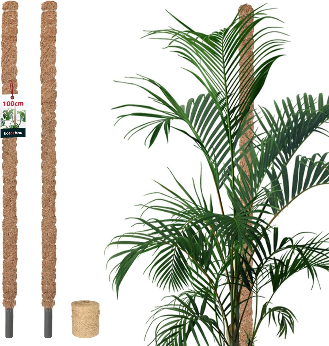 KOTARBAU® 2 st Kokosstok, Plantenstok, ⌀ 2,5 x 100 cm, Kokosstaaf, Klimhulp Monstera, Bruin, Kokosvezel, Klimhulp, Plantenstaaf, Kokosstok voor Monstera, Kokosstaaf voor Klimplanten