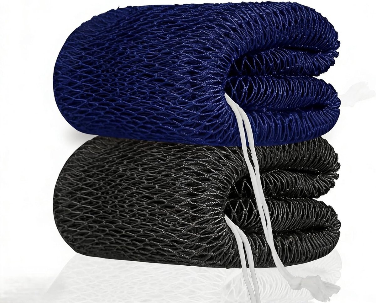Exfoliërende Bad- en Douche Spons, 2 Stuks, Langwerpige Net Scrubber met Touwhandvatten voor Diepe Reiniging, Zwart en Blauw