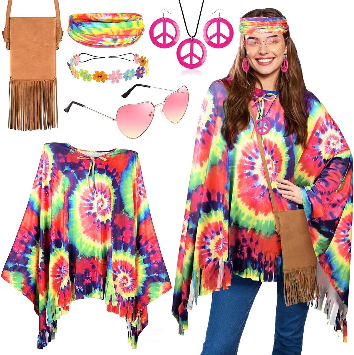 Hippie Kostuum voor Vrouwen uit de Jaren 70 en 80 met Poncho, Batik Top en Accessoires voor Carnaval en Feestjes